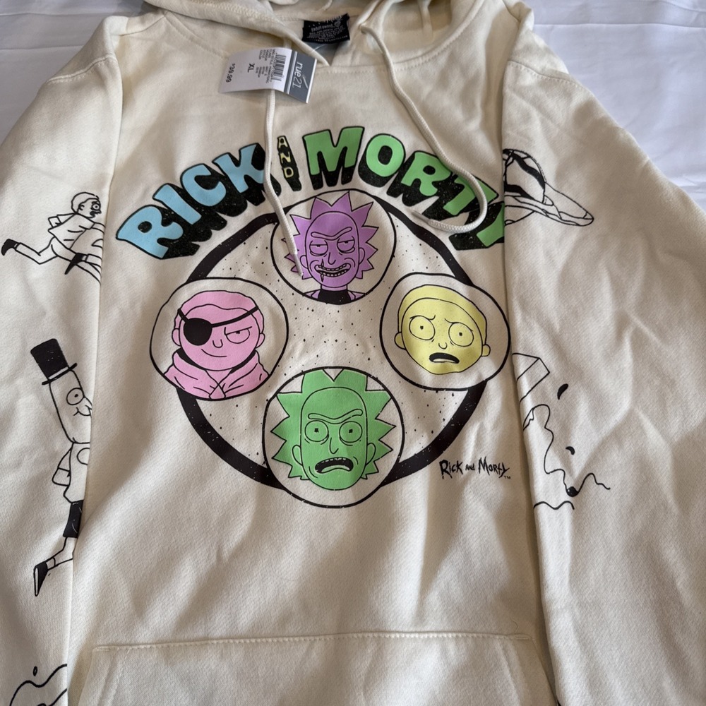 NWT Men's Rick and Morty Ivory Pullover Hoodie Long Sleeve Graphic Print Sz XL - Picture 3 of 9